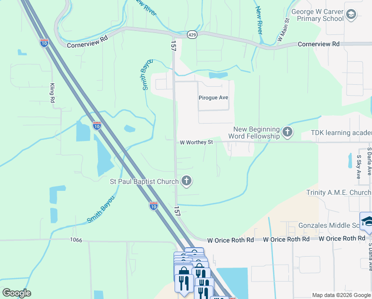 map of restaurants, bars, coffee shops, grocery stores, and more near 39053 West Worthy Road in Gonzales