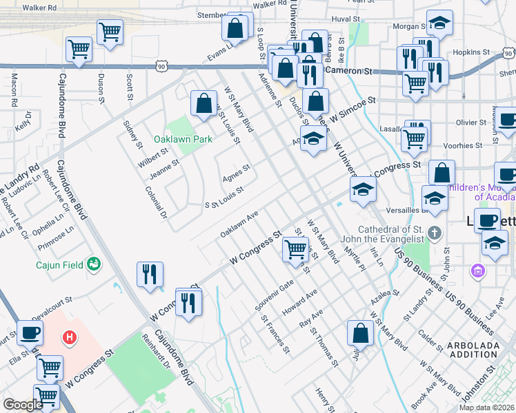 map of restaurants, bars, coffee shops, grocery stores, and more near 914 Saint Joseph Street in Lafayette