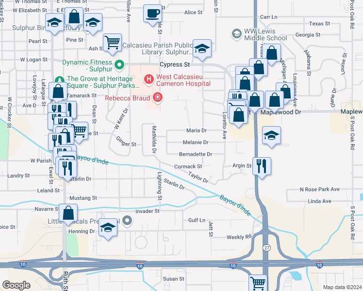 map of restaurants, bars, coffee shops, grocery stores, and more near 1009 Melanie Dr in Sulphur