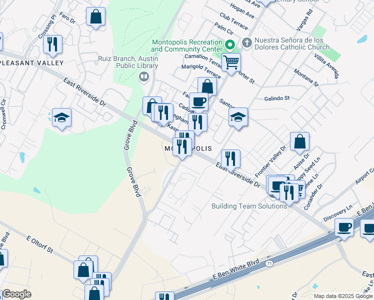 map of restaurants, bars, coffee shops, grocery stores, and more near East Riverside Drive & Montopolis Drive in Austin