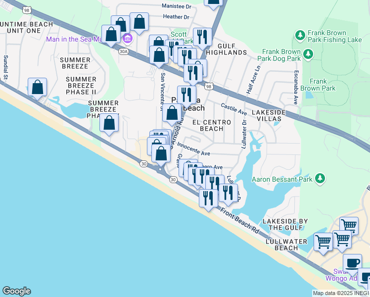 map of restaurants, bars, coffee shops, grocery stores, and more near 501 Granada Circle in Panama City Beach