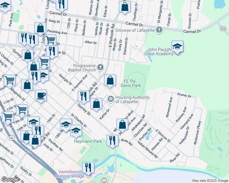 map of restaurants, bars, coffee shops, grocery stores, and more near in Lafayette