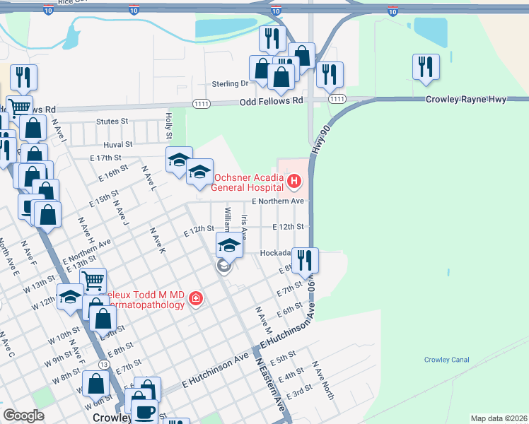 map of restaurants, bars, coffee shops, grocery stores, and more near 1226 Crawford Avenue in Crowley