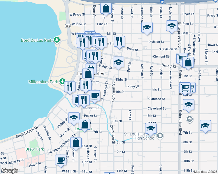 map of restaurants, bars, coffee shops, grocery stores, and more near 510 Iris Street in Lake Charles