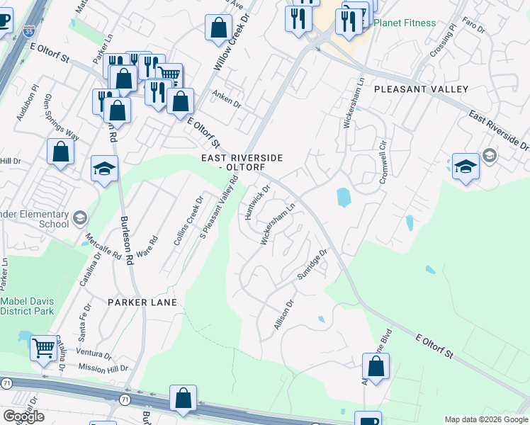 map of restaurants, bars, coffee shops, grocery stores, and more near 2450 Wickersham Lane in Austin
