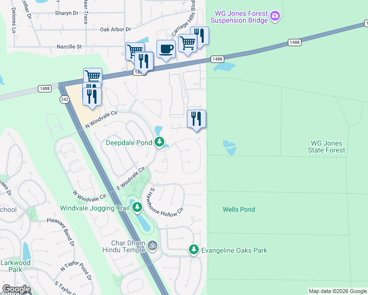 map of restaurants, bars, coffee shops, grocery stores, and more near 18 Silk Tree Place in Conroe