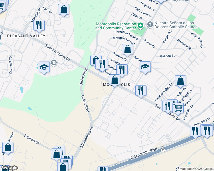 map of restaurants, bars, coffee shops, grocery stores, and more near 6107 East Riverside Drive in Austin
