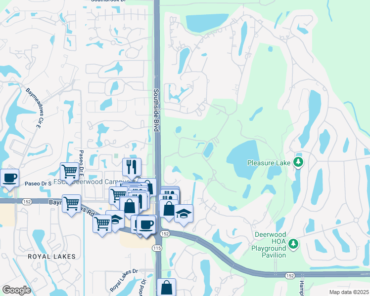 map of restaurants, bars, coffee shops, grocery stores, and more near 8004 Hollyridge Road in Jacksonville