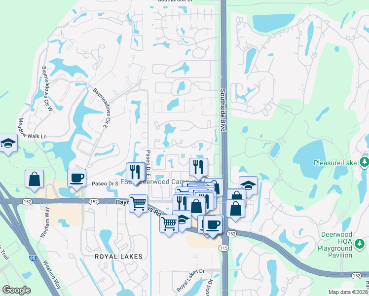 map of restaurants, bars, coffee shops, grocery stores, and more near 2404 Wood Hill Place in Jacksonville