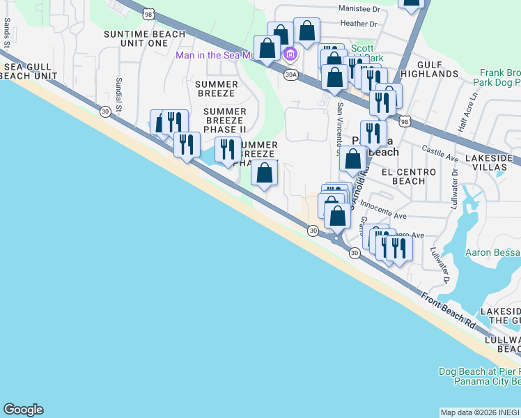 map of restaurants, bars, coffee shops, grocery stores, and more near 17283 Front Beach Road in Panama City Beach