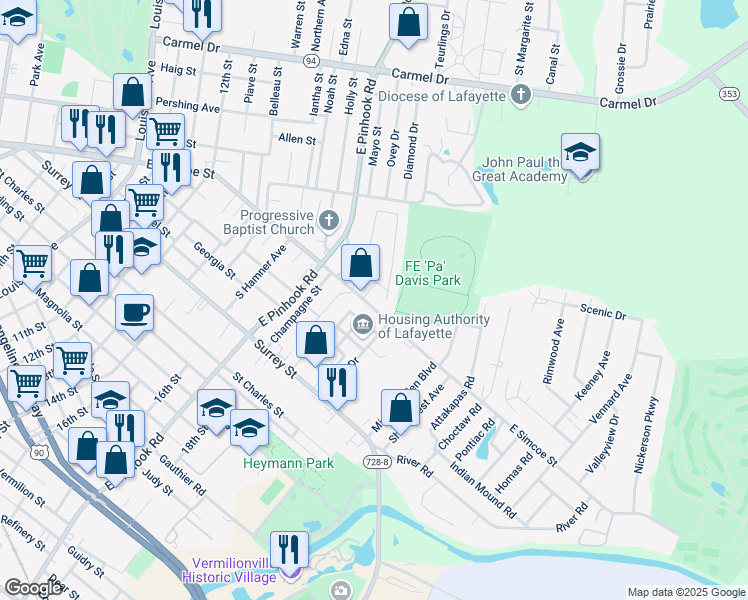 map of restaurants, bars, coffee shops, grocery stores, and more near in Lafayette