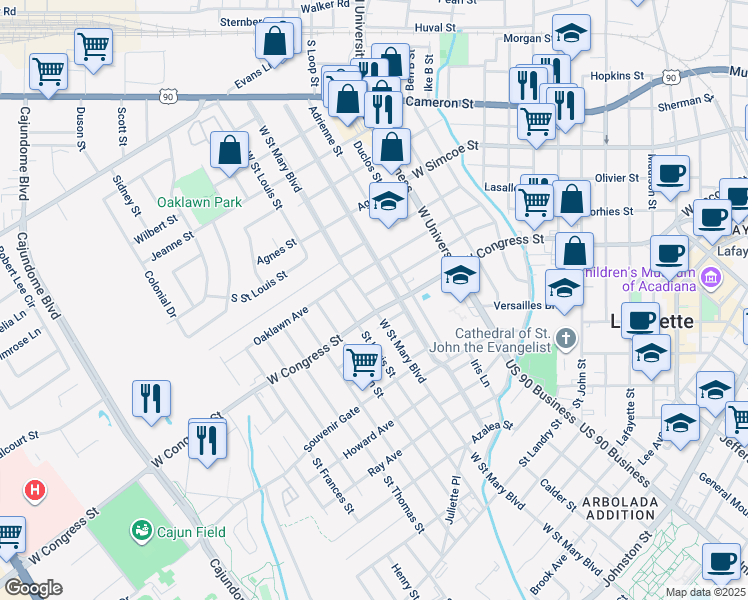 map of restaurants, bars, coffee shops, grocery stores, and more near 1621 West Saint Mary Boulevard in Lafayette