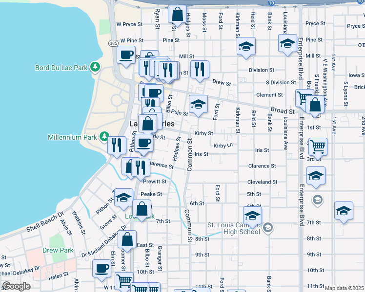 map of restaurants, bars, coffee shops, grocery stores, and more near 510 Iris Street in Lake Charles