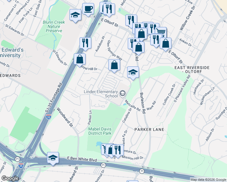 map of restaurants, bars, coffee shops, grocery stores, and more near 2900 Pither Lane in Austin