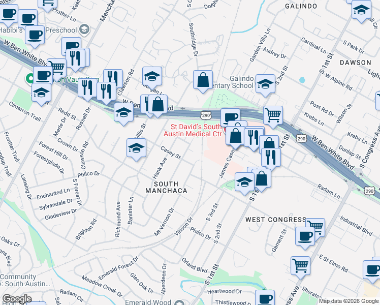 map of restaurants, bars, coffee shops, grocery stores, and more near 4307 Jinx Avenue in Austin