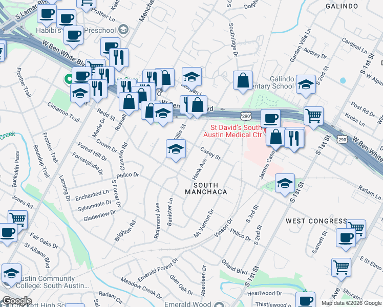 map of restaurants, bars, coffee shops, grocery stores, and more near 1207 Casey Street in Austin