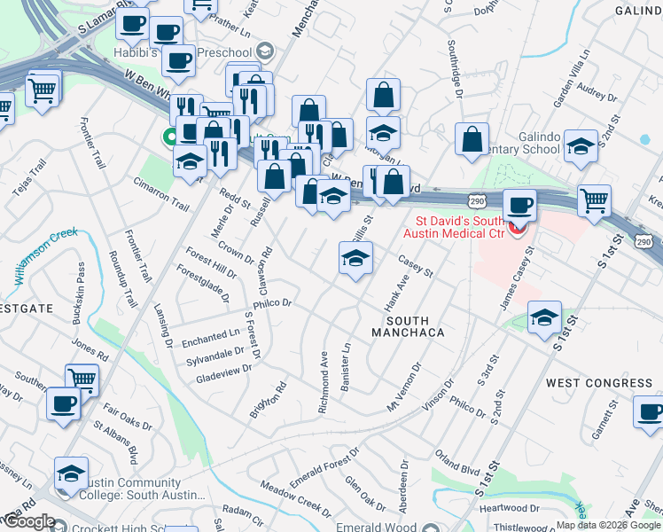 map of restaurants, bars, coffee shops, grocery stores, and more near 4422 Gillis Street in Austin