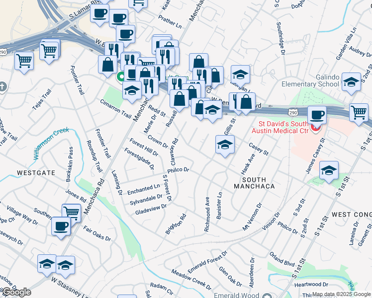 map of restaurants, bars, coffee shops, grocery stores, and more near 4511 Clawson Road in Austin