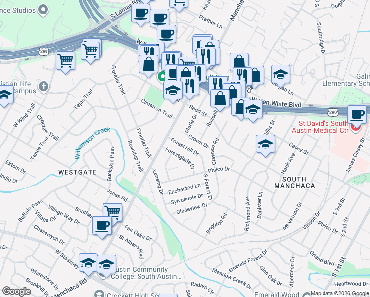 map of restaurants, bars, coffee shops, grocery stores, and more near 1811 Forest Hill Drive in Austin