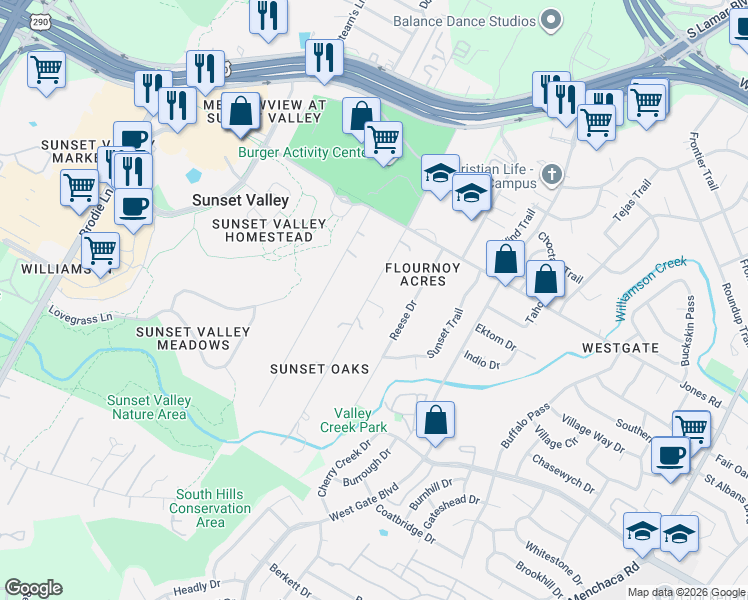 map of restaurants, bars, coffee shops, grocery stores, and more near 11 Pillow Road in Sunset Valley