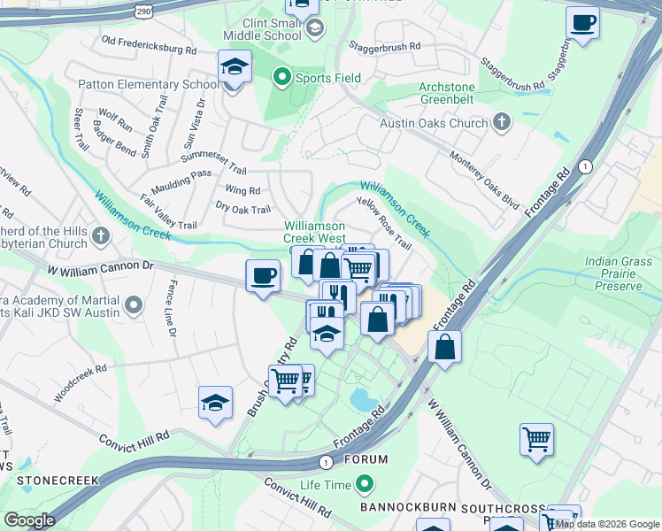 map of restaurants, bars, coffee shops, grocery stores, and more near 4527 Langtry Lane in Austin