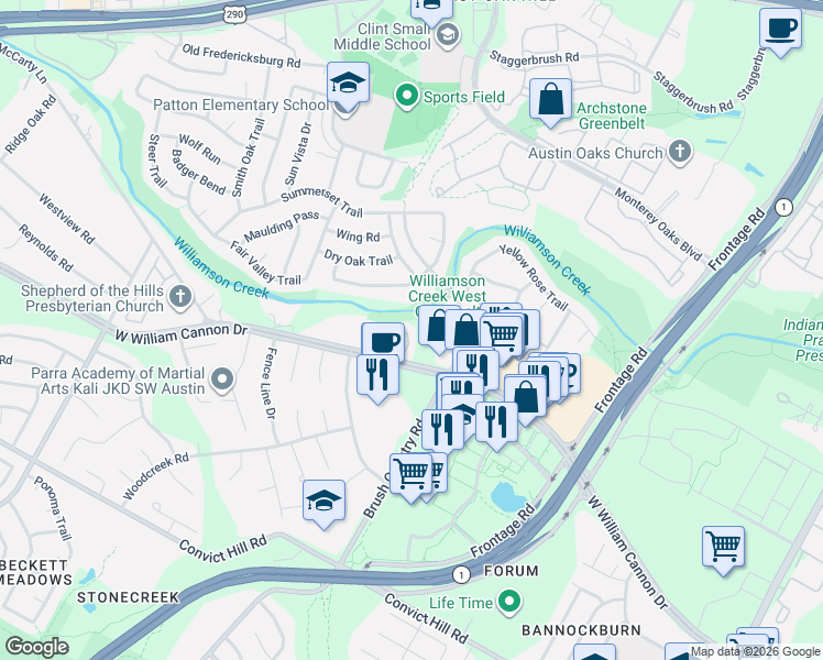 map of restaurants, bars, coffee shops, grocery stores, and more near 4620 West William Cannon Drive in Austin