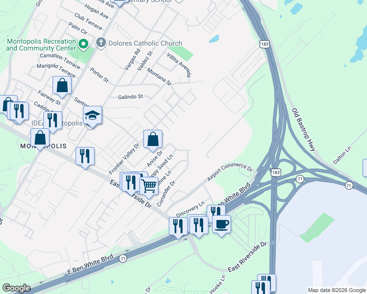 map of restaurants, bars, coffee shops, grocery stores, and more near 1200 Anise Drive in Austin