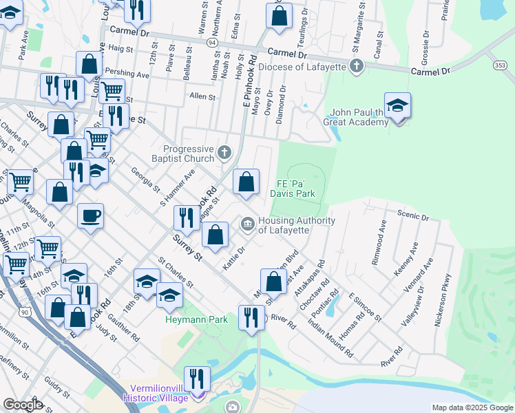 map of restaurants, bars, coffee shops, grocery stores, and more near 2401 East Simcoe Street in Lafayette