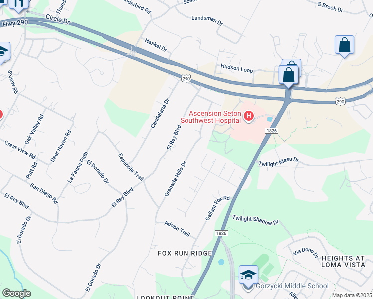 map of restaurants, bars, coffee shops, grocery stores, and more near 8604 Granada Hills Drive in Austin
