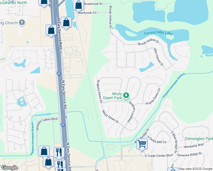 map of restaurants, bars, coffee shops, grocery stores, and more near 47 Shimmer Pond Place in Conroe