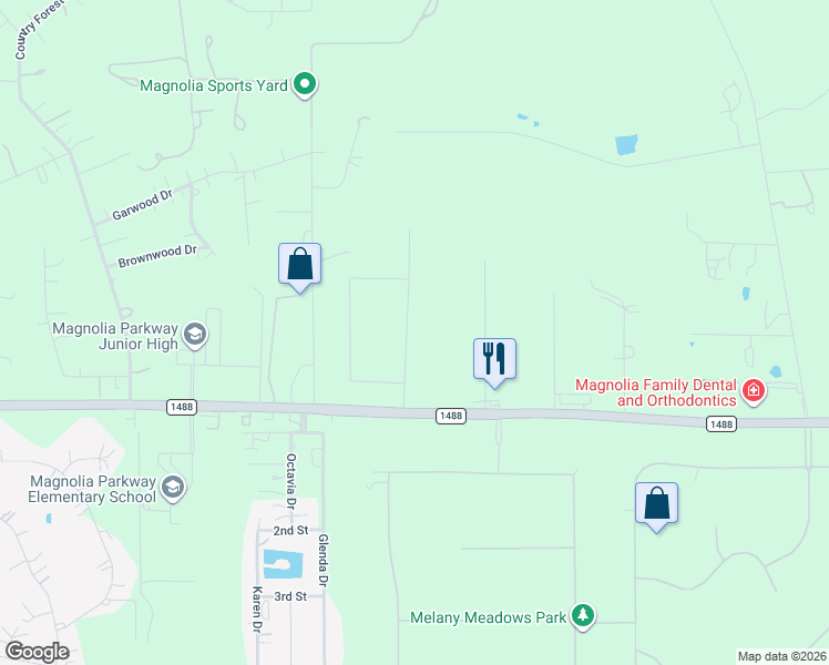 map of restaurants, bars, coffee shops, grocery stores, and more near 210 Creekside Drive in Magnolia