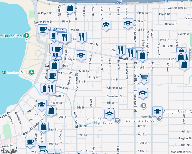 map of restaurants, bars, coffee shops, grocery stores, and more near Kirby Lane in Lake Charles