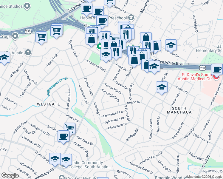 map of restaurants, bars, coffee shops, grocery stores, and more near 1811 Forest Hill Drive in Austin