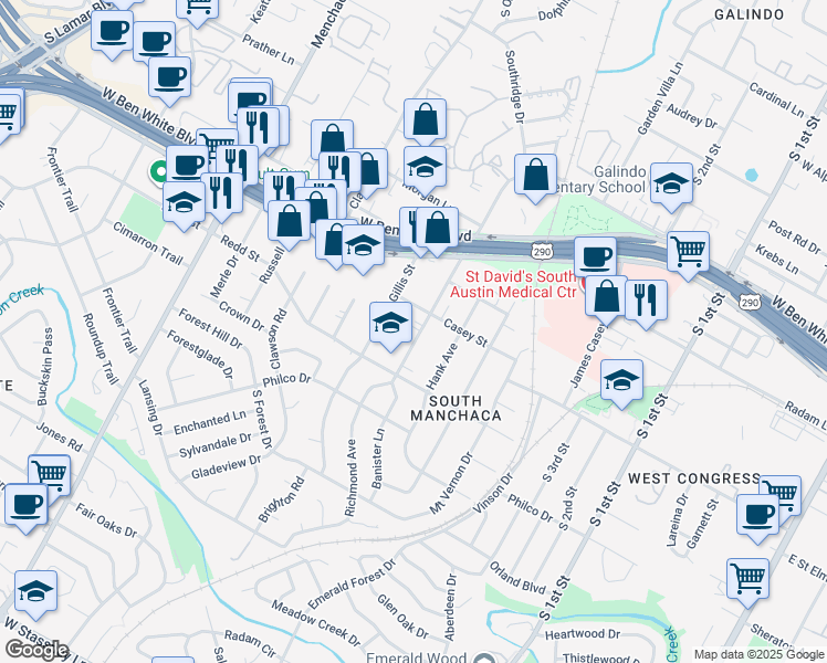 map of restaurants, bars, coffee shops, grocery stores, and more near 4408 Banister Lane in Austin