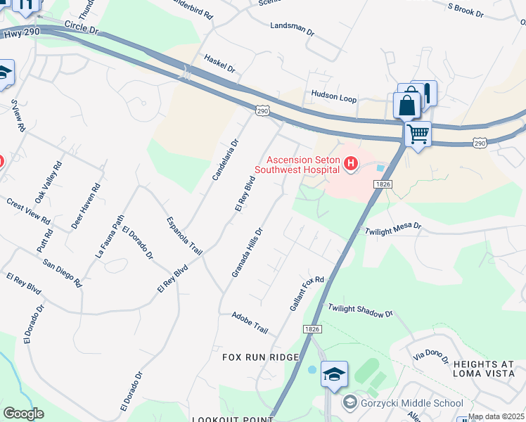 map of restaurants, bars, coffee shops, grocery stores, and more near 8604 Granada Hills Drive in Austin