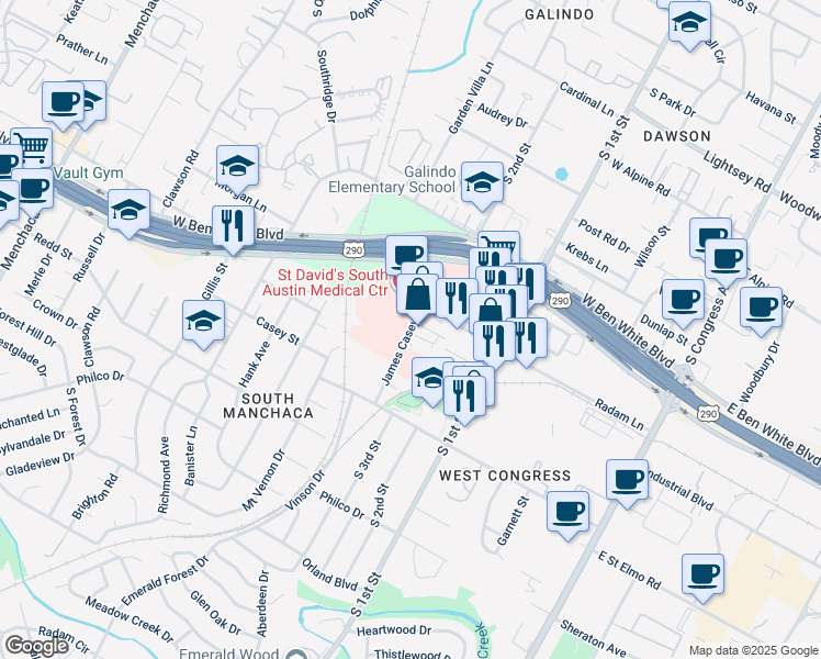 map of restaurants, bars, coffee shops, grocery stores, and more near James Casey Street in Austin