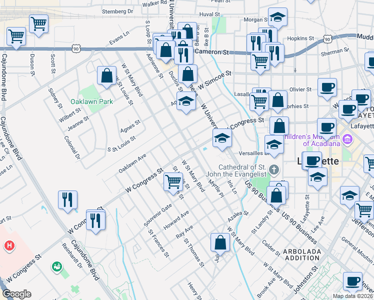 map of restaurants, bars, coffee shops, grocery stores, and more near 903 Myrtle Place in Lafayette