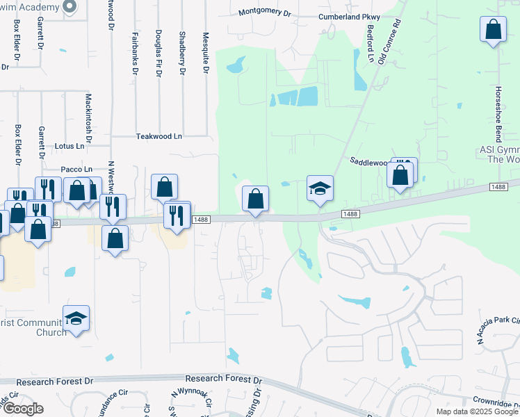 map of restaurants, bars, coffee shops, grocery stores, and more near 5122 Farm to Market Road 1488 in Magnolia