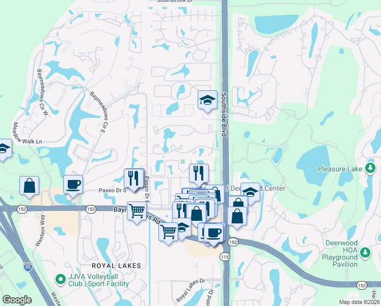 map of restaurants, bars, coffee shops, grocery stores, and more near 2404 Wood Hill Place in Jacksonville