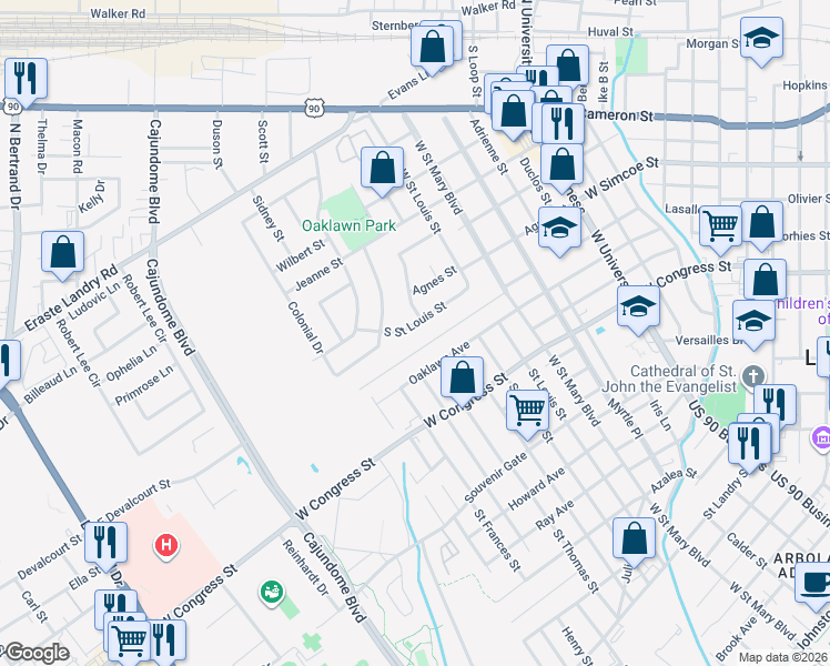 map of restaurants, bars, coffee shops, grocery stores, and more near 215 South Saint Louis Street in Lafayette