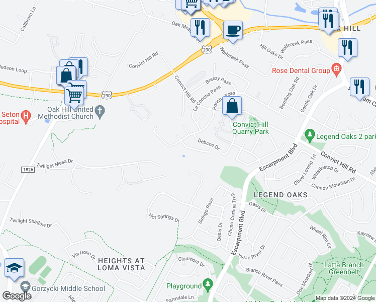 map of restaurants, bars, coffee shops, grocery stores, and more near 6809 Telluride Trail in Austin