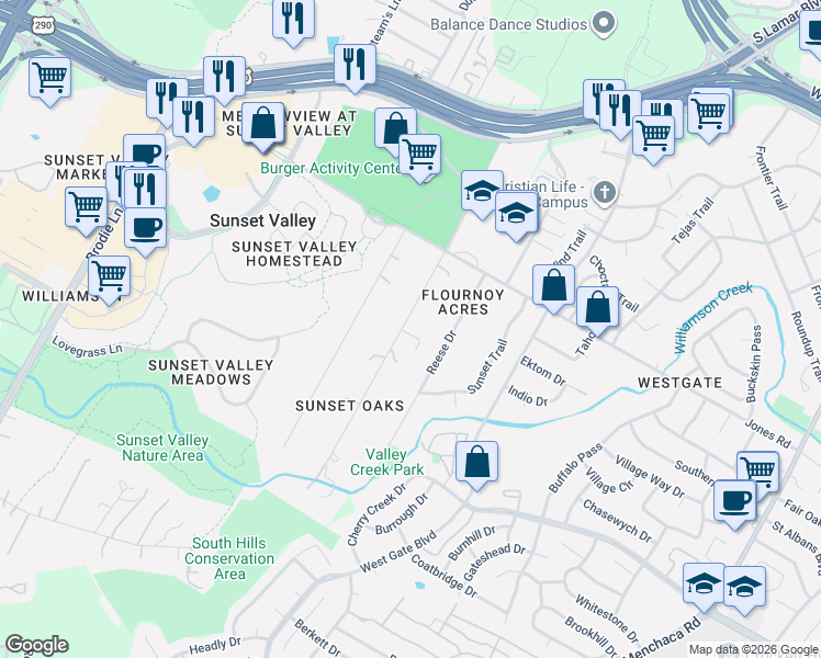 map of restaurants, bars, coffee shops, grocery stores, and more near 11 Pillow Road in Sunset Valley