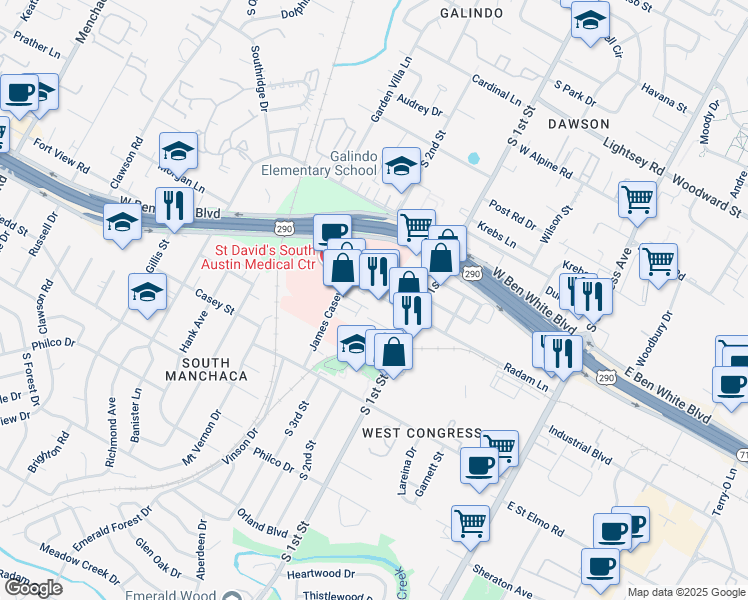 map of restaurants, bars, coffee shops, grocery stores, and more near 619 Radam Lane in Austin