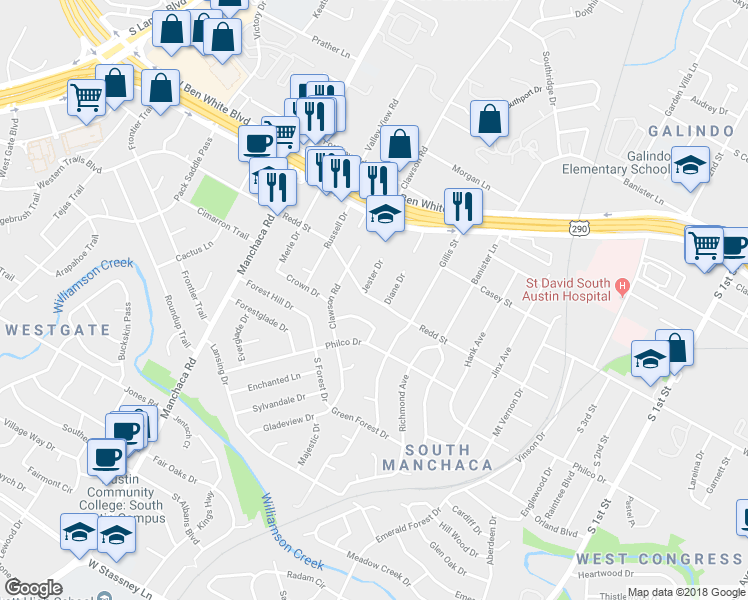 map of restaurants, bars, coffee shops, grocery stores, and more near 1503 Redd Street in Austin