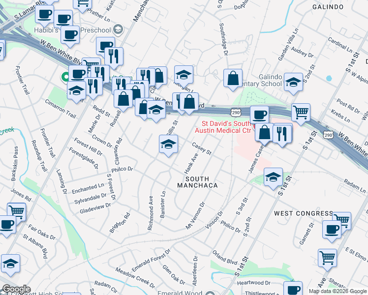 map of restaurants, bars, coffee shops, grocery stores, and more near 1207 Casey Street in Austin