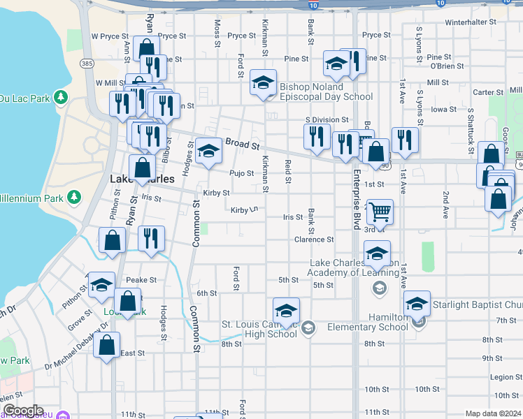 map of restaurants, bars, coffee shops, grocery stores, and more near 1020 Kirkman Street in Lake Charles