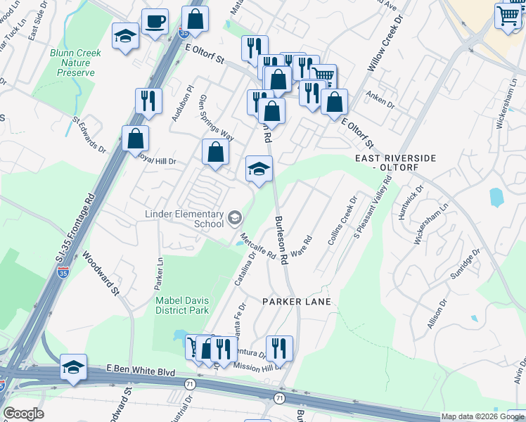 map of restaurants, bars, coffee shops, grocery stores, and more near 2620 Burleson Road in Austin