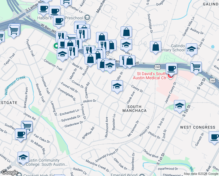 map of restaurants, bars, coffee shops, grocery stores, and more near 4422 Gillis Street in Austin