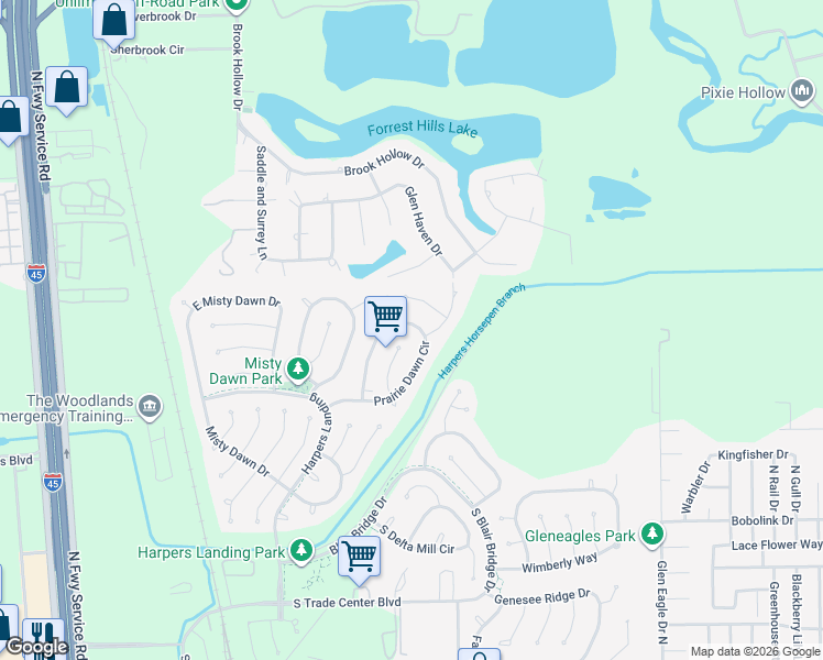 map of restaurants, bars, coffee shops, grocery stores, and more near 78 W Prairie Dawn Cir in Conroe