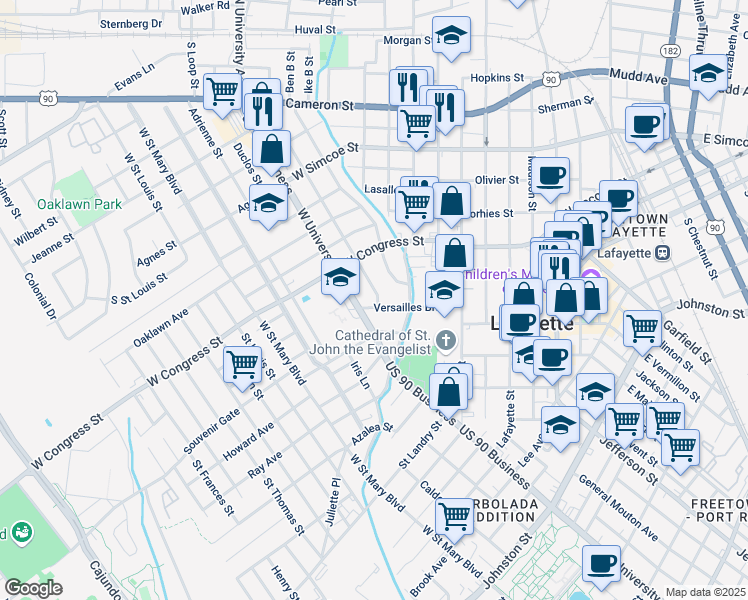 map of restaurants, bars, coffee shops, grocery stores, and more near 302 Versailles Boulevard in Lafayette